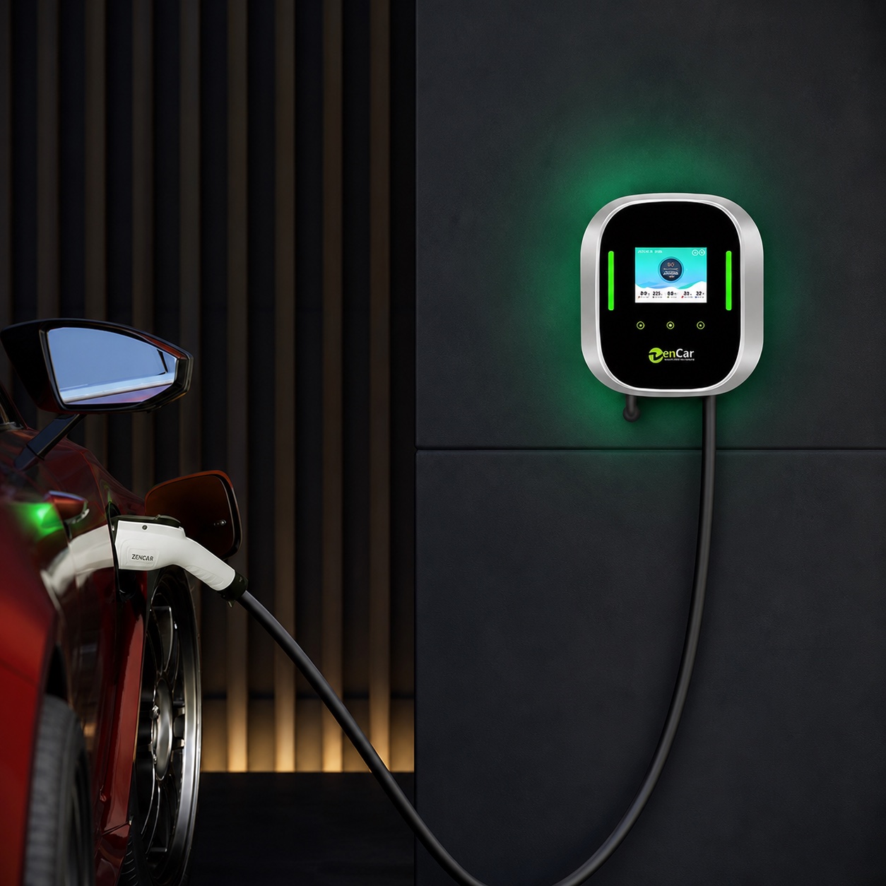 Ev garajında elektrikli araca bağlı ZenCar wallbox